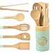 Organic 6 Piece Bamboo Cooking & Serving Utensils Set | Kitchen Accessories Kit In Colorful Utensil Holder | Spoon & Spatula & Salad Tong Mix | Space-Saving Wood Kitchen Gadgets Set | By laboos