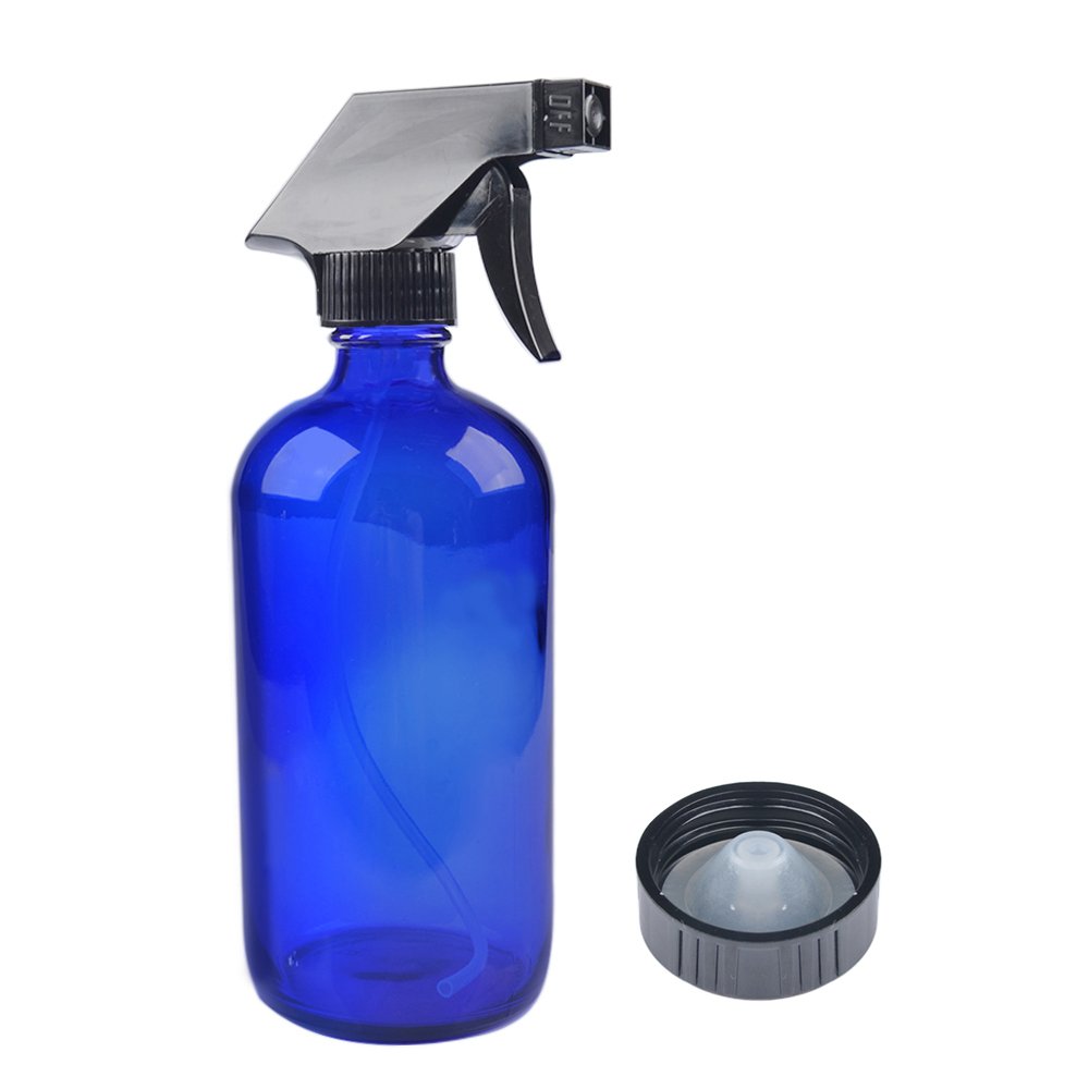 Two Blue Glass Spray Bottles with Black Trigger Sprayer.16 oz Refillable Bottle for Essential Oils,Cleaning Products,Aromatherapy,Organic Beauty Products.Stream and Spray Settings Available