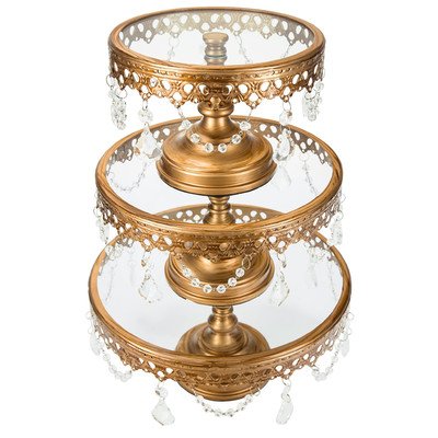 'Victoria Collection' Round Metal Cake Stand Set of 3 Display with Glass Tops and Crystal Dangles (Gold) 'Victoria Collection' Round Metal Cake Stand Set of 3 Display with Glass Tops and Crystal Dangles (Gold)