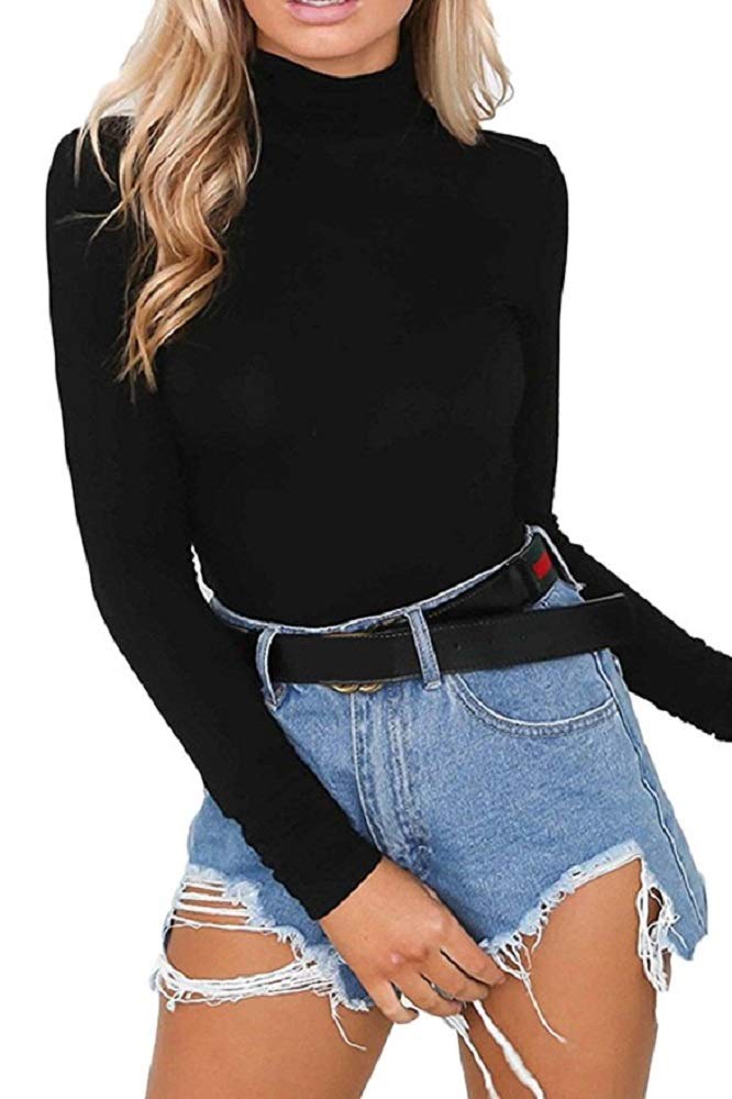 PRIMODA Women Stretchy Turtleneck Long Sleeve Bodysuits Basic Solid Color Bodycon Leotard