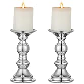 Nuptio Silver Pillar Candle Holders, Wedding Centerpieces Metal Candle Holder for 50mm Candles Stand Decoration Ideal for Weddings Special Events Parties Living Room, 2 Pcs