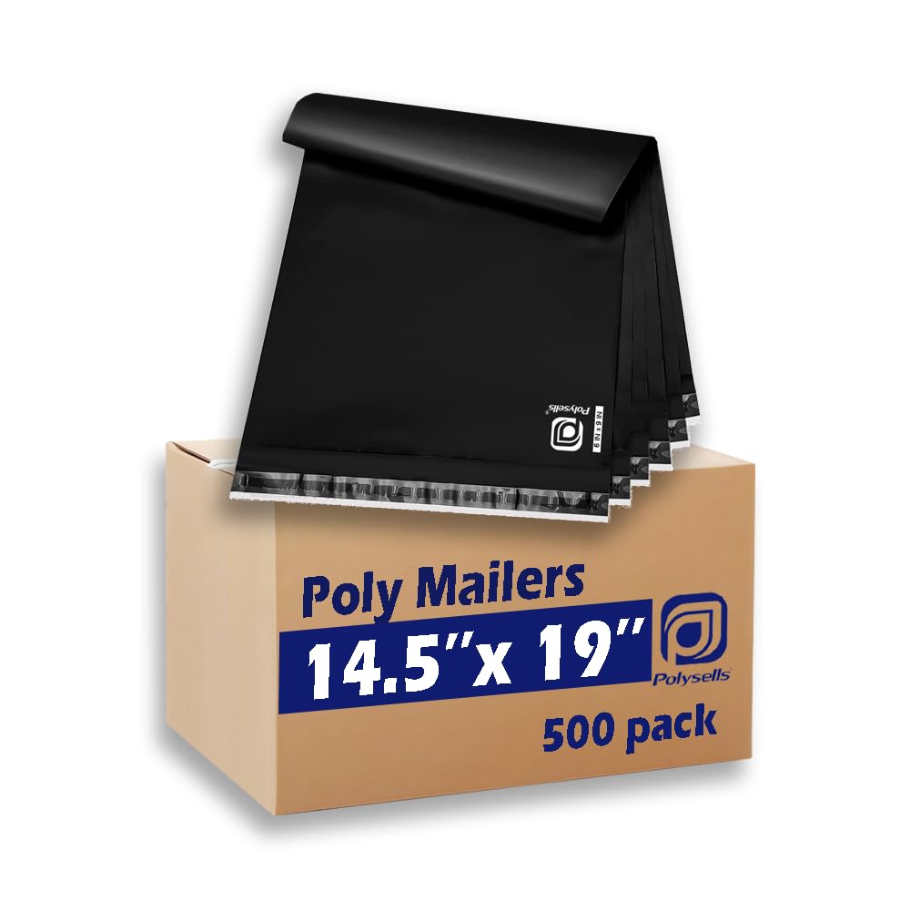 POLYSELLS 500 pcs 14.5x19 Inches Black Poly Mailers Shipping Envelopes, Strong Adhesive Sealing, Waterproof, and Tear-resistant Postal Mailing Bags for Clothing, Books, and Accessories Image
