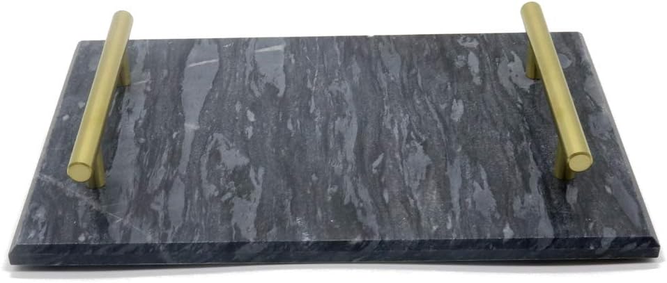 YCD Ziran Marble Serving Tray Dishes Plates with Gold Handle (black)