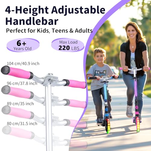 BELEEV Big Wheel Scooter with LED Luminous Steering Column, Deck, Height Adjustable, ABEC-9, 200 mm Wheels, Suspension, Carry Strap, Foldable City Scooter Children from 6 Years, Teenagers, Adults