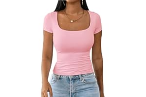 Dwnval Womens Summer Sexy Square Neck Tops Double Lined Short Sleeve Shirts Slim Fit Crop Top