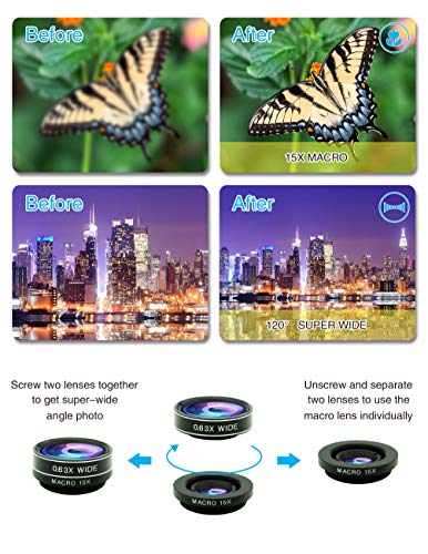 8 in 1 Phone Camera Lens Kit, 0.63Wide Angle Lens+15X Macro+198°Fisheye+2X Telephoto+Kaleidoscope+CPL/Starlight/Universal Clip, Zoom Compatible with iPhone Samsung Smartphones (Black)