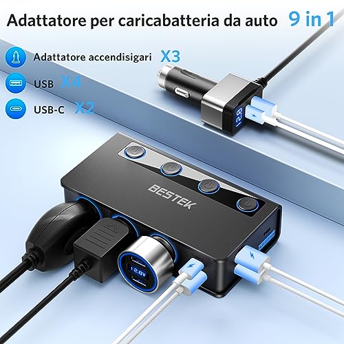 BESTEK 180W Car Charger, USB-C PD USB QC3.0 Car Charger, 12V/24V Cigarette Lighter Adapter with 3 Sockets & 6 Ports with LED Display for iPhone Dash Cam