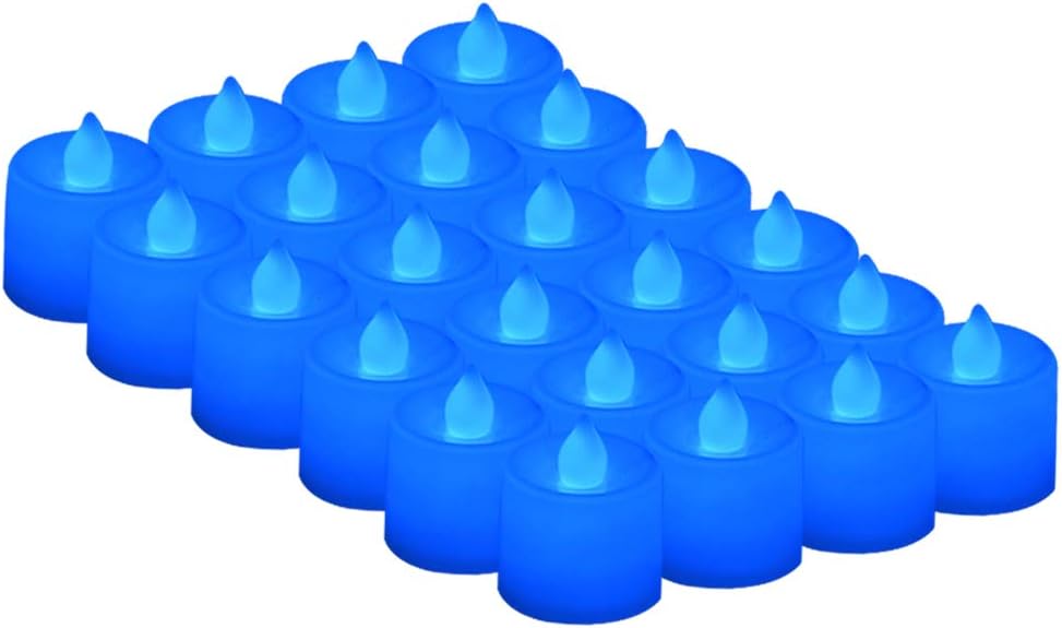 YMOON Flameless Tea Lights Candles 100 Hours Long Lasting Battery Operated Blue Flickering LED Tealights Electric Votives – Set of 24 (Blue)