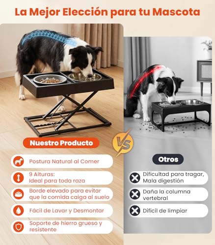 Comedero para Perro Grande de Hierro Macizo Ajustable 9 Alturas(8-44cm), Plato para Perro Plegable y Desmontable, Comedero Elevado para Perro con Platos de Acero y Plato Lento,Plato Elevado para Perro