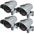 Solar Powered Dummy Fake Security Camera Bullet CCTV Surveillance with Simulated LED Realistic Red Flashing Light and Security Warning Sticker Decal Indoor Outdoor, 4 Pack