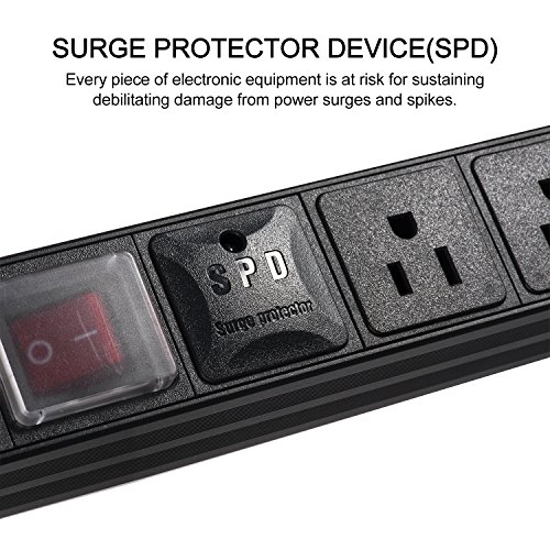 Kungfuking Aluminum Alloy Shell 7 Outlet Rack-Mount Server PDU, Power Distribution Unit, 1U/15A/110V, Power Strip with Surge Protector 6ft Power Cord (Black)