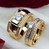 Haluoo Couple Rings, Men's Women's Gold Stainless Steel Wedding Bands Cubic Zirconia Diamond Engagement Promise Rings, Size 5-14 (9, Women)