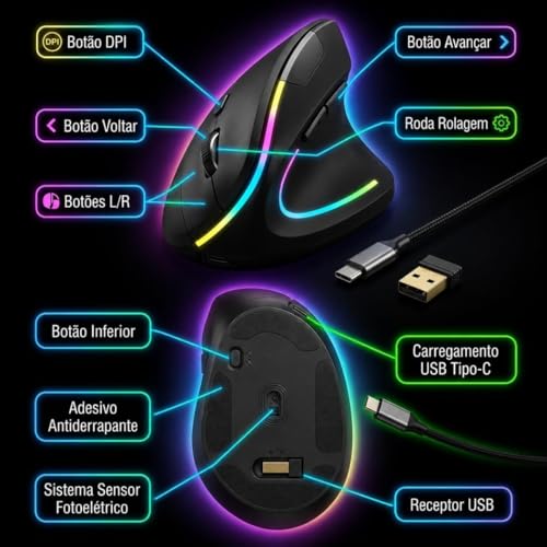 Mouse Ergonômico Sem Fio Vertical Recarregável Silencioso RGB - Reduz Dor no Pulso e Fadiga – Compatível com Windows, Mac, Notebook, PC – Preto, Design Ortopédico DPI Ajustável