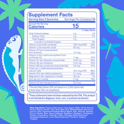 FIRST DAY Vitamins for Teens - Teen Multi Vitamins for Girls & Boys 12-17, Organic Fruit & Veggie Blend - 12 Key Nutrients: Vitamins A, B1, B2, B6, B9, B12, C, D3, E, K2-60 Day Supply