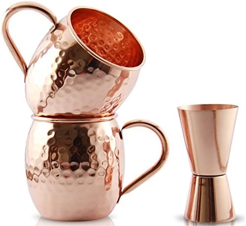Moscow Mule Copper Mugs Set of 2 With a BONUS Copper Double Jigger, a Gift to Enhance the Drinking Experience, Great Copper Cups (16oz)