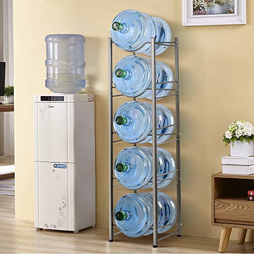 Water Jug Rack 5-Tier Water Cooler Bottle Holder Water Bottle Storage Rack 3-5 Gallon Detachable Heavy Duty Water Bottle Holder Shelf Save Space for Home Office Organization, Sliver