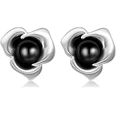 Watforsh Silver Big Obsidian Black Flower Floral Stone Stud Earrings Chunky Vintage Statement Earrings for Women