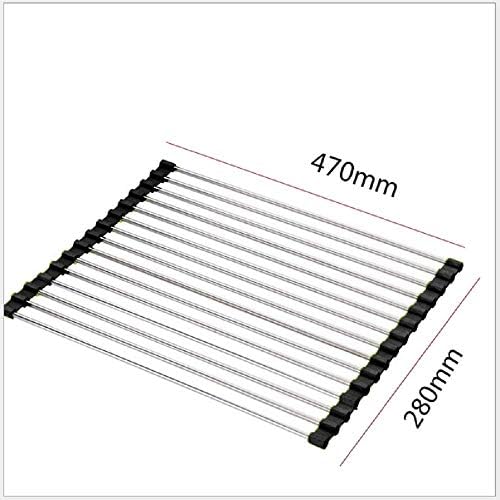 Roll Up Dish Drying Rack,Laoyel Foldable multi-purpose heat resistant large stainless steel kitchen roller blind sink - sink pad - silicone coated rim (black L)