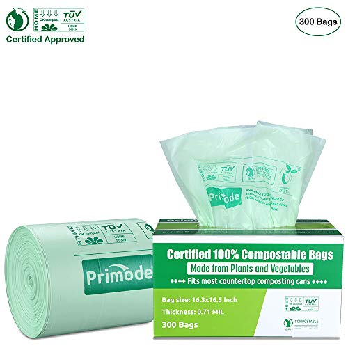 Primode 100% Compostable Bags, 2.6 Gallon Food Scraps Yard Waste Bags, 300 Count, Extra Thick 0.71 Mil. ASTM D6400 Compost Bags Small Kitchen Bags, Certified by BPI and TUV