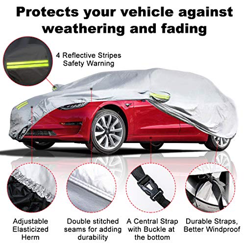 Teexpert Car Cover Waterproof All Weather Vehicle Cover for Tesla Model 3 or Universal 3 Layer UV Protection Breathable Dust Proof for Automobiles with Adjustable Buckle Strap Fits 186" to 193" - Thumbnail 2