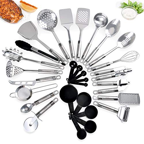 Bella Quin Kitchen Utensil Set | 27-Piece Durable, Long-Lasting, Stainless Steel Cookware Set | Non-Stick & Dishwasher Safe | Premium Quality Ladle, Whisk, Peeler, Tongs, Grater, Measuring Spoons