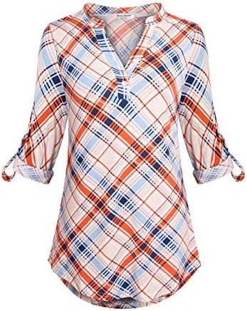 Anna Smith Womens Cuffed Sleeve V Neck Plaid Shirt Casual Pullover Tunic Blouses