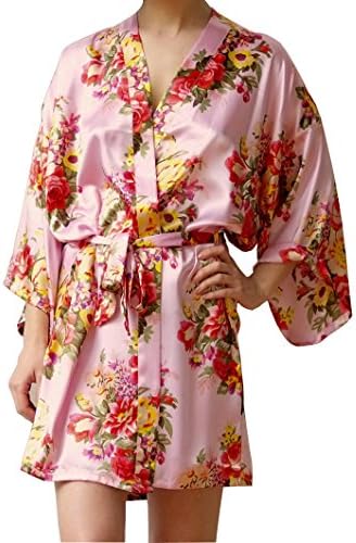 SYLYLJ Women's Satin Floral Short Kimono Robes for Bride and Bridesmaid Wedding Party Robes Nursing Gown