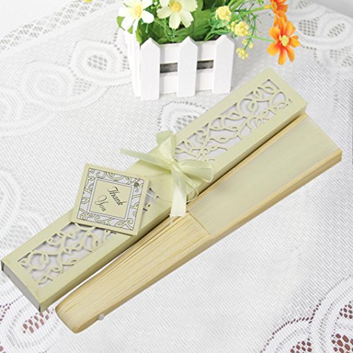 Luweki 1PC Silk Fold hand Fan Elegant Laser-Cut Gift Box Party wedding Gifts (Beige)