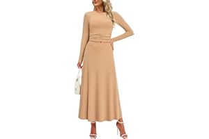 SLOWCOLIN Women's 2 Piece Outfits Ribbed Knit Two Piece Skirt Sets Long Sleeve Ruched Crop Top Maxi Flowy Skirts