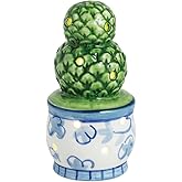 Mud Pie Topiary LED Sitter, Light Up Ceramic Topiary for Sitter Boards | Hand Painted Green Double Ball Topiary in Blue and White Floral Pot with LED Lights, 4.25 x 2 Inch Diameter