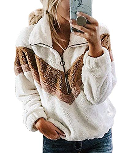 PRETTYGARDEN Women's Warm Long Sleeve Half Zipper Color Block Striped Fuzzy Fleece Pullover Sherpa Sweatshirt Coat (White, Small)