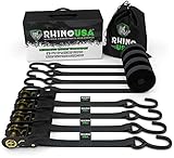 RHINO USA Ratchet Straps (4PK) - 1,823lb Guaranteed Max Break Strength, Includes (4) Premium 1in x 15ft Rachet Tie Downs with Padded Handles. Best for Moving, Securing Cargo (BLACK)