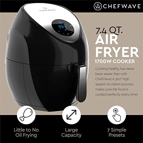 ChefWave 7.4qt Large Air Fryer – Uses Little or No Oil Healthy Cooker with High Speed 360° Air Circulation – Digital Touchscreen -7 Presets and Modes - 1700 Watt