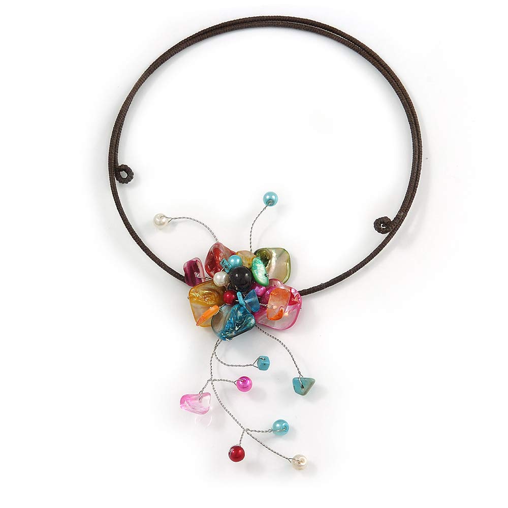 Avalaya Multicoloured Shell Flower with Multi Faux Pearl Bead Flex Wire Necklace/ 40cm L/Adjustable