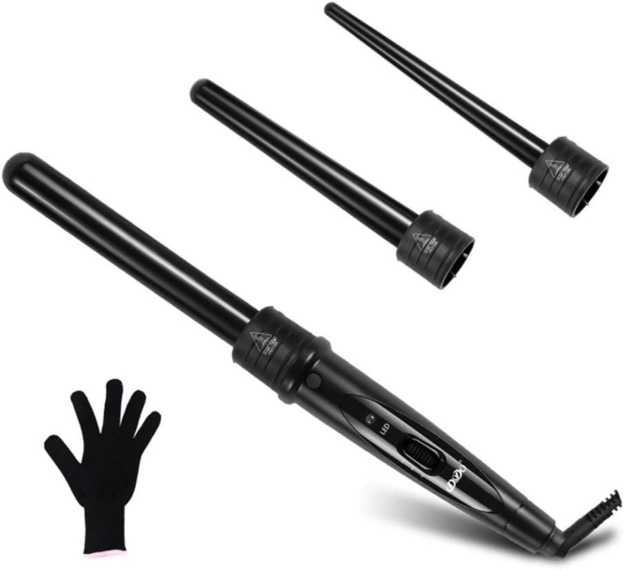 Curling Wand 3 in 1 Hair Curlers Curling Tongs Set with 3 Interchangeable Tourmaline Ceramic Barrels and Glove (Color : Black)
