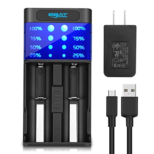 Ebat LCD Smart Battery Charger for Li-ion Ni-MH/Ni-CD 18650 26650 AA AAA 20700 21700 CR123 & More Rechargeable Batteries - 2 Slot Charger - Fast Smart Charger