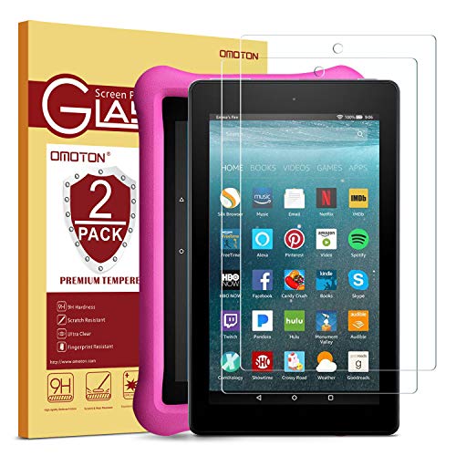 [2-Pack] OMOTON Screen Protector for All-New Fire 7 / Fire 7 Kids Edition Tablet (9th/7th Gen, 2019/2017 Release) - Tempered Glass/High Definition / 9H Hardness
