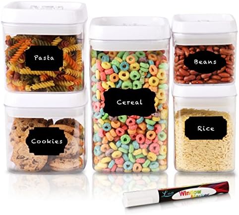 Airtight Food Storage Containers - 5 Piece Set - Easy Snap Vacuum Sealing Silicone Leak Lock Lids - For Dry Goods and Liquids - Bonus Erasable Labels and Marker - BPA Free - By HomEquip