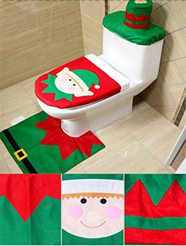 Christmas toilet seat cover Santa Toilet Seat Cover and Rug Set Red Christmas Decorations Bathroom Set of 3 (Elves)