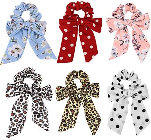 Ondder 6 Pcs Chiffon Bow Scrunchies for Hair Bowknot Flower Scrunchies Elastic Hair Bands Scrunchy Hair Ties Ropes Scrunchie Hair Bow Ponytail Holder Hair Accessories (6 Pack Chiffon Bow Scrunchies)
