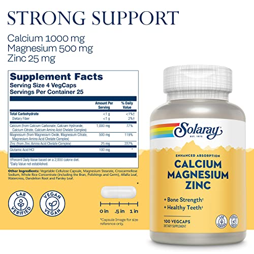 Solaray Calcium Magnesium Zinc Supplement, with Cal & Mag Citrate, Strong Bones & Teeth Support