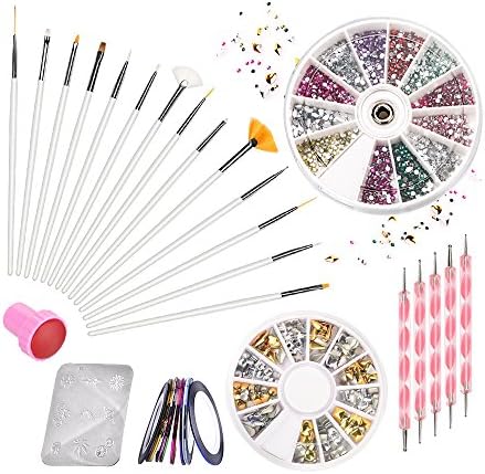 FANTCEN Nail Art Kit 12 Nail Tape, 15 Nail Art Brush, 12 Colors Nail Rhinestones, 3D Nail Art Studs, 5 pcs- 2 Way Dotting Pen, Manicure Plate, Polish Stamper and Scraper Set