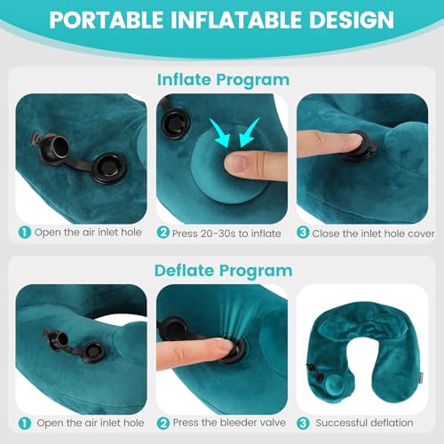 denoukin Inflatable Neck Pillow for Travel with Built-in Pump, Ergonomic Contour Support, Soft Plush Cover & Carry Pouch, Compact for Airplane, Car, Train Sleeping, Lake Blue
