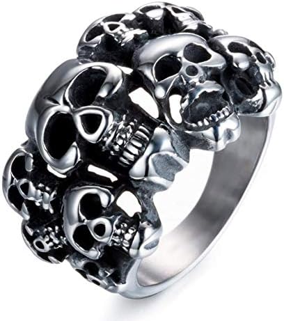 Finemall Men's Vintage Fashion Classic Gothic Embossed Skull Biker Stainless Steel Ring Band Silver Black Size 7-13 (US Code 10)