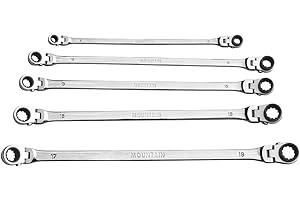 MOUNTAIN RM6 5 Piece Reversible Double Box Ratcheting Wrench Set for Garages, Repair Shops, and DIY, Universal Spline, 90 Tooth Design, 180 Degree Flex Head, Raised Box End Gear, Chrome, 8-18mm