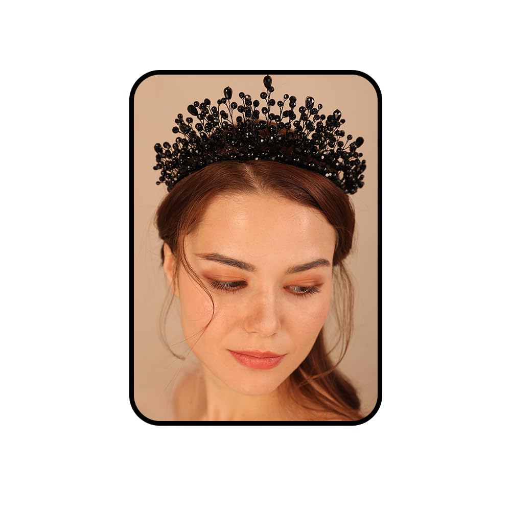 Kercisbeauty Wedding Bridal Black Hair Crown Women Handmade Boho Headpiece Pearl Hair Tiara Party Costume Jewelry
