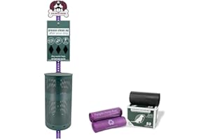 ZERO WASTE USA Rust-Proof, Aluminum Dog Pet Waste Station Outdoor. Poop Bag Dispenser, Cute Purple Dog Sign & Post, Large Lidded Trash Can, 400 Bags & 25 Can Liners. Purple & Green