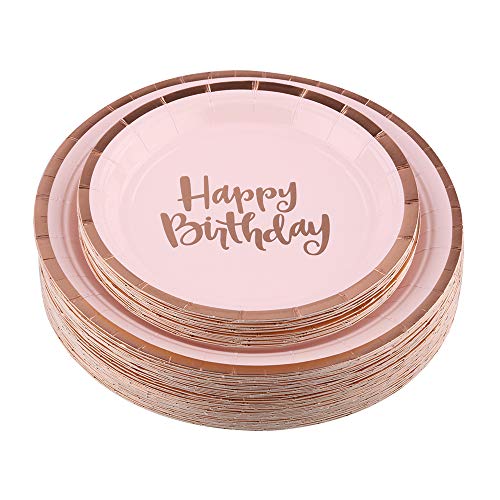 Ottin Pink Happy Birthday Party Packs for 50 Guests, Rose Gold Foil Paper Plates and Napkins Set, Perfect for Birthday, Anniversary, Party Supplies (Happy Birthday Paper Dinnerware, 50 Guests)