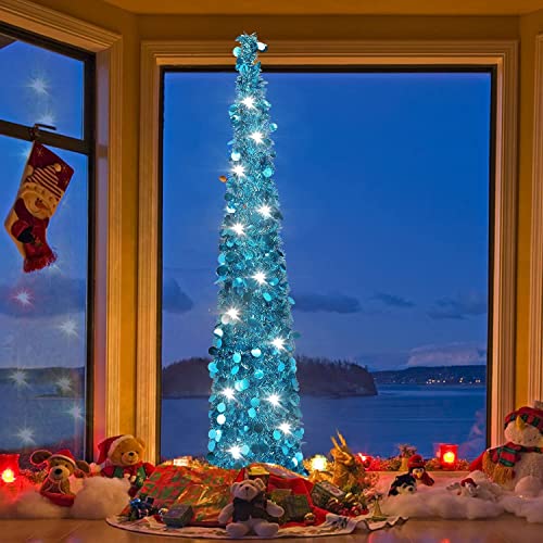 JoyLeo 5ft Blue Pop Up Christmas Tree with Reflective Sequins, Small