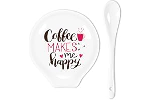 Uhealik Funny Coffee Quote Colored Pattern Ceramic Coffee Spoon Holder-Coffee Spoon Rest -Coffee Station Decor Coffee Bar Accessories-Coffee Lovers Gift for Women and Men (Coffee Makes Me Happy)